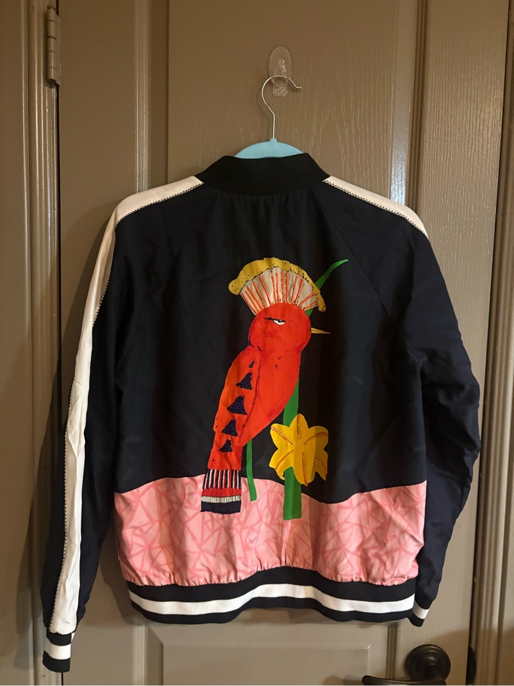 Alice + Olivia Black Bomber Jacket with Multicolor Bird Embroidery - Picture 4 of 6